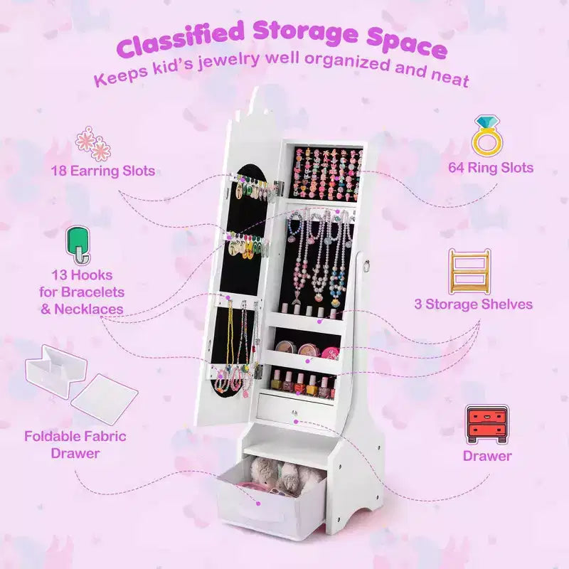 Coiffeuse de maquillage de princesse pour enfants avec table et chaise et armoire à bijoux pour enfants Blanc/Rose