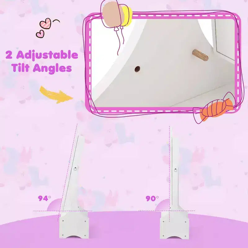 Coiffeuse de maquillage de princesse pour enfants avec table et chaise et armoire à bijoux pour enfants Blanc/Rose