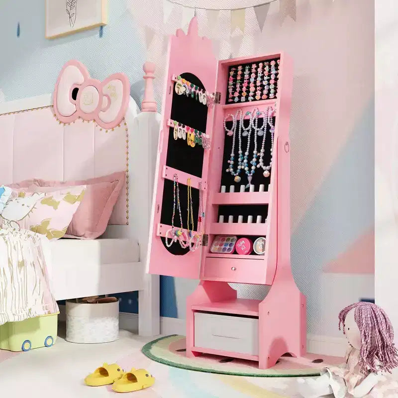 Coiffeuse de maquillage de princesse pour enfants avec table et chaise et armoire à bijoux pour enfants Blanc/Rose