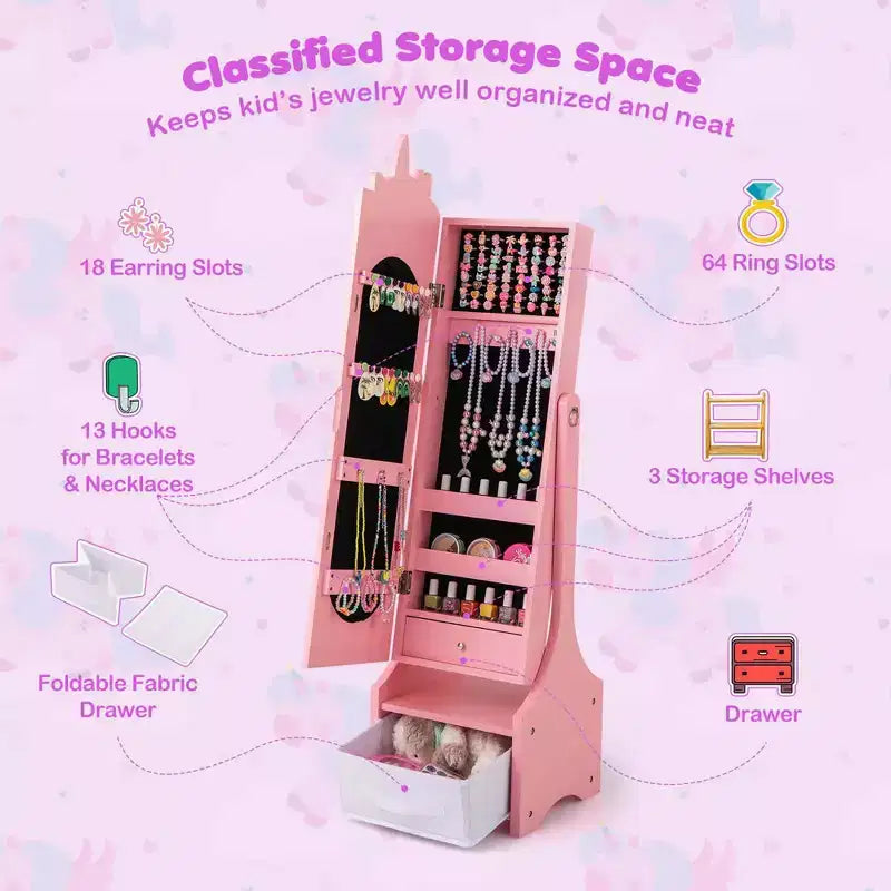 Coiffeuse de maquillage de princesse pour enfants avec table et chaise et armoire à bijoux pour enfants Blanc/Rose