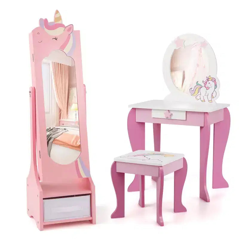 Costway Kids Vanity Set Princess Makeup Dressing Table & Chair Set with Kids Jewelry Armoire White/Pink