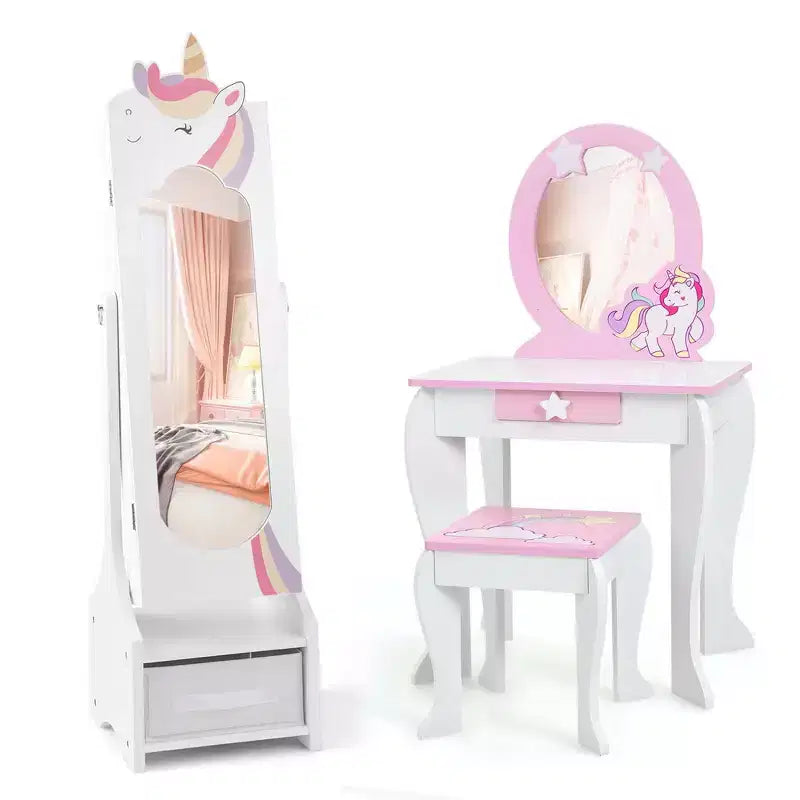 Coiffeuse de maquillage de princesse pour enfants avec table et chaise et armoire à bijoux pour enfants Blanc/Rose