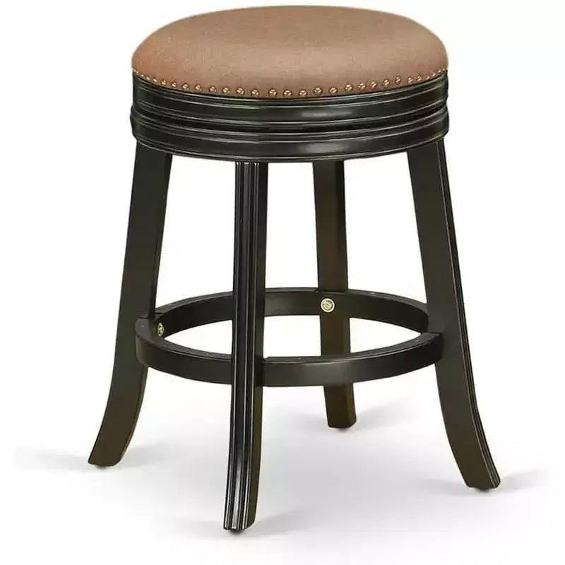 Tabouret de bar en bois à dossier mi-hauteur avec finition noire, de forme ronde et rembourrage en similicuir, de 76 cm de hauteur