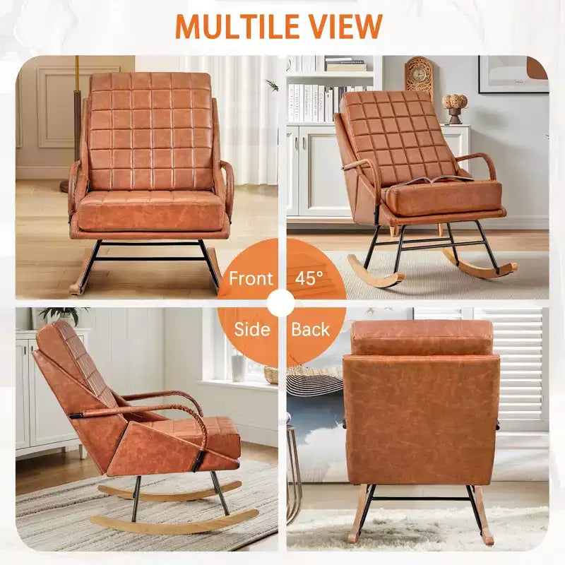 Fauteuil à bascule moderne en similicuir/tissu bouclette avec assise rembourrée et base en bois massif blanc/marron