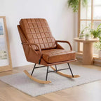Fauteuil à bascule moderne en similicuir/tissu bouclette avec assise rembourrée et base en bois massif blanc/marron