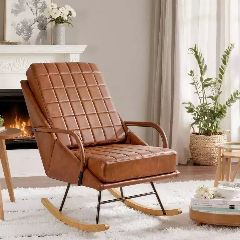 Fauteuil à bascule moderne en similicuir/tissu bouclette avec assise rembourrée et base en bois massif blanc/marron