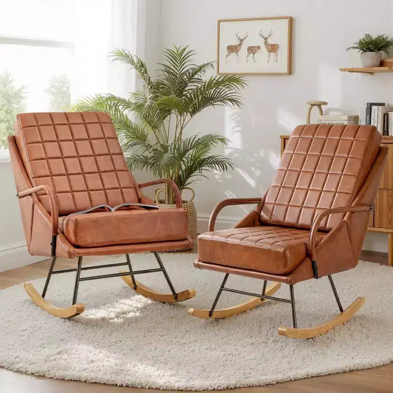 Fauteuil à bascule moderne en similicuir/tissu bouclette avec assise rembourrée et base en bois massif blanc/marron