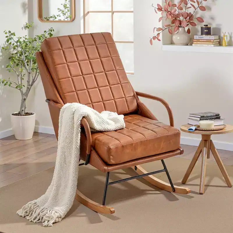 Fauteuil à bascule moderne en similicuir/tissu bouclette avec assise rembourrée et base en bois massif blanc/marron