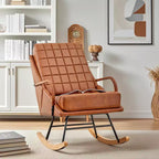 Fauteuil à bascule moderne en similicuir/tissu bouclette avec assise rembourrée et base en bois massif blanc/marron