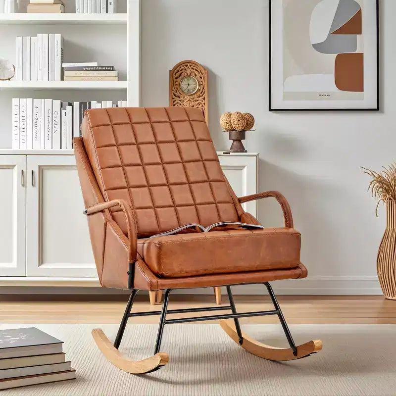 Fauteuil à bascule moderne en similicuir/tissu bouclette avec assise rembourrée et base en bois massif blanc/marron