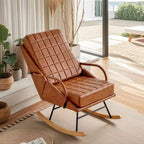 Fauteuil à bascule moderne en similicuir/tissu bouclette avec assise rembourrée et base en bois massif blanc/marron