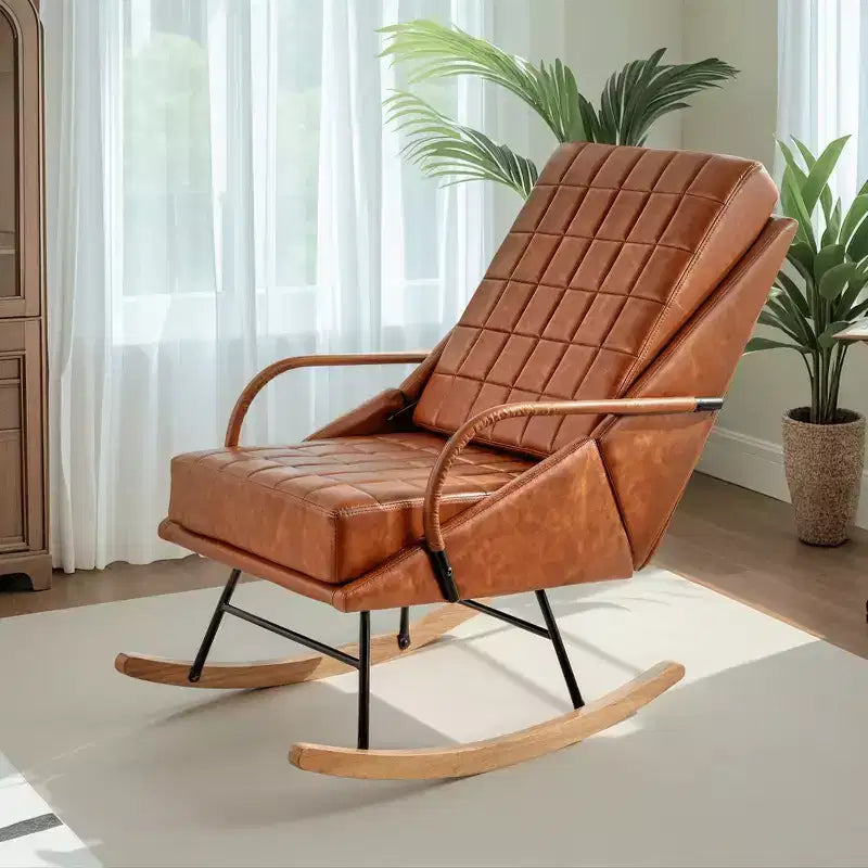 Fauteuil à bascule moderne en similicuir/tissu bouclette avec assise rembourrée et base en bois massif blanc/marron