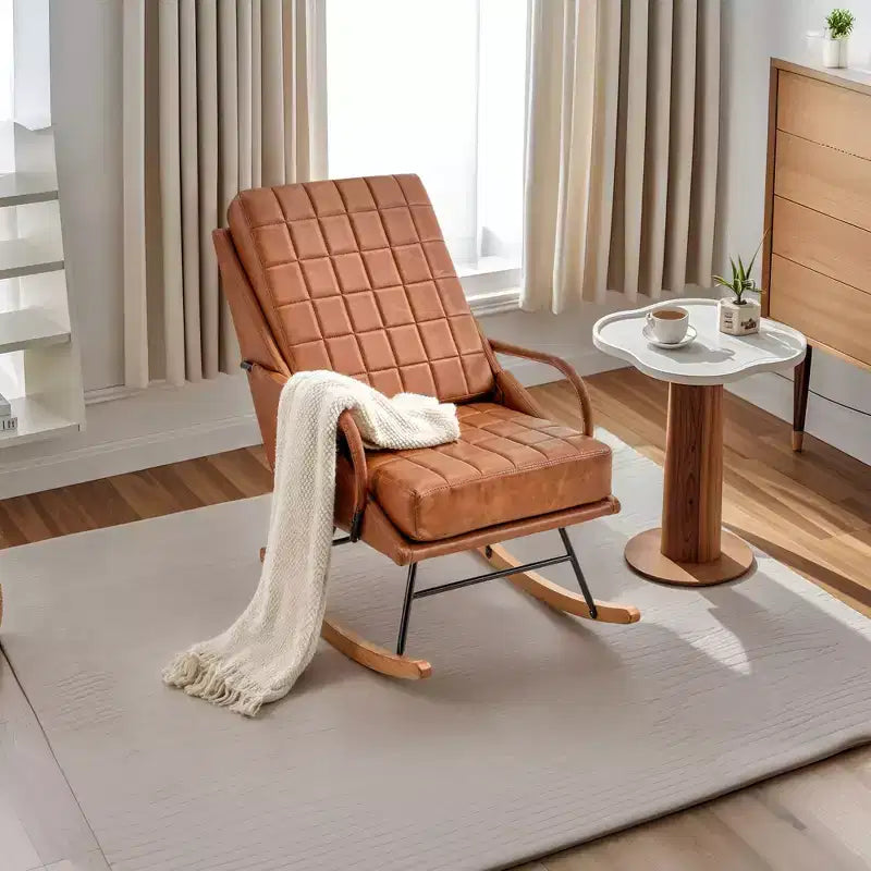 Fauteuil à bascule moderne en similicuir/tissu bouclette avec assise rembourrée et base en bois massif blanc/marron