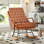 Fauteuil à bascule moderne en similicuir/tissu bouclette avec assise rembourrée et base en bois massif blanc/marron