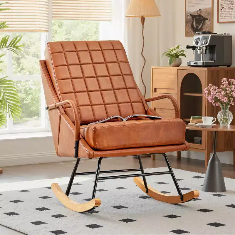 Fauteuil à bascule moderne en similicuir/tissu bouclette avec assise rembourrée et base en bois massif blanc/marron