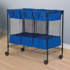 Trieur de linge à roulettes, trois sacs en filet amovibles, bleu et noir