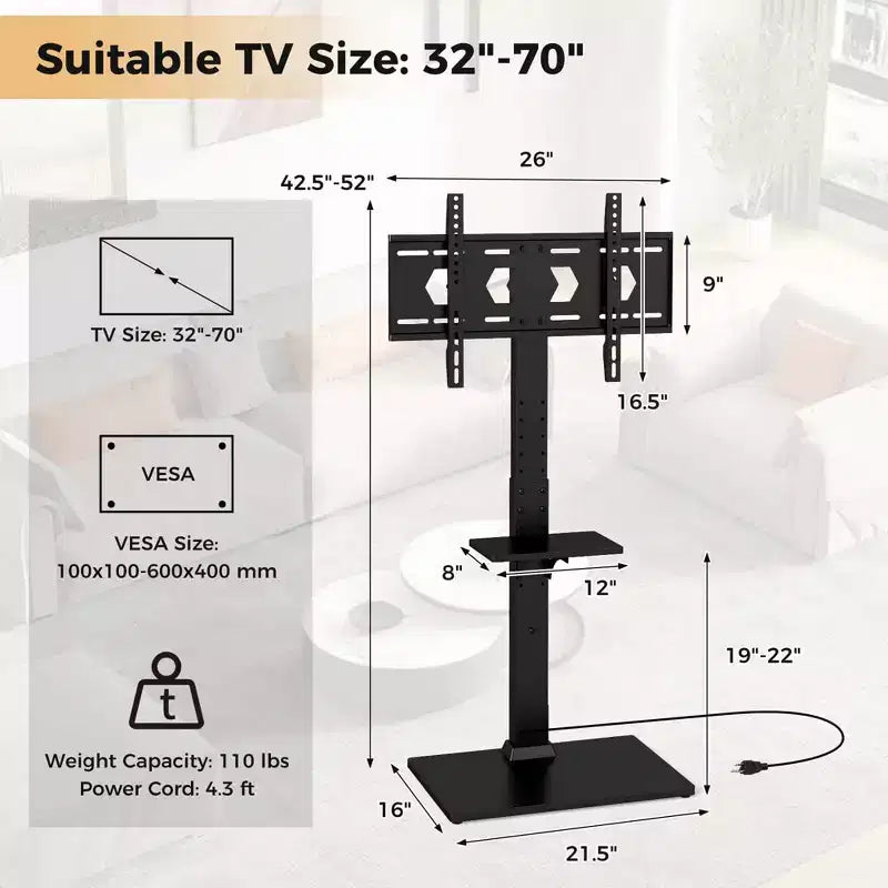Meuble TV sur pied avec prise de courant, support TV haut réglable en hauteur avec étagère de rangement