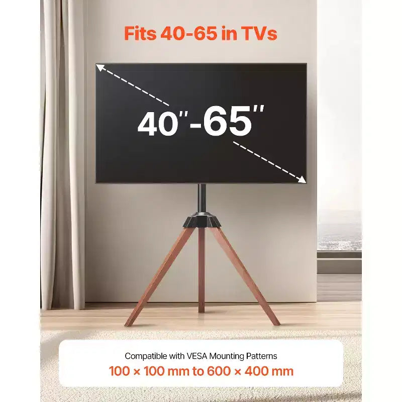 Meuble TV trépied chevalet, pour écrans plats/incurvés de 40 à 65 pouces jusqu'à 45 kg, support TV portable avec rotation gauche-droite de 18°, noir et marron