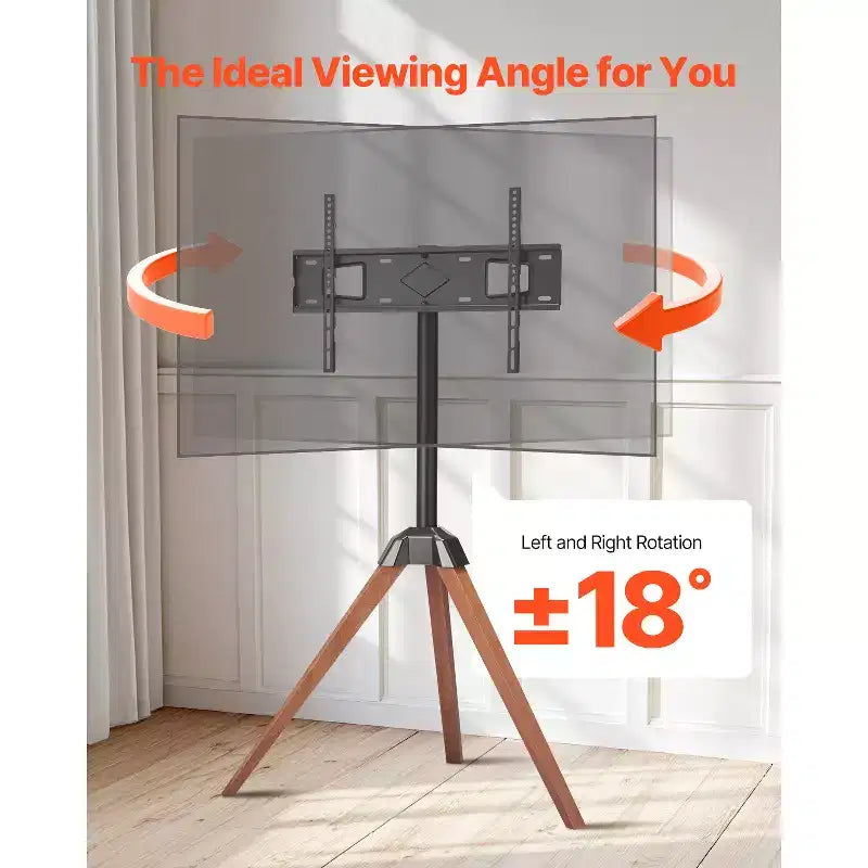 Meuble TV trépied chevalet, pour écrans plats/incurvés de 40 à 65 pouces jusqu'à 45 kg, support TV portable avec rotation gauche-droite de 18°, noir et marron