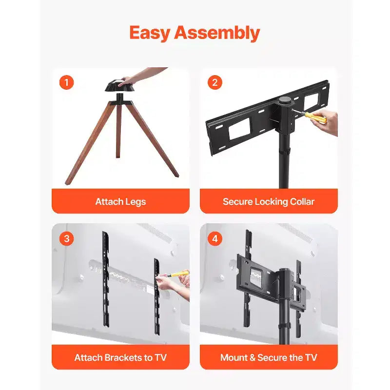 Meuble TV trépied chevalet, pour écrans plats/incurvés de 40 à 65 pouces jusqu'à 45 kg, support TV portable avec rotation gauche-droite de 18°, noir et marron