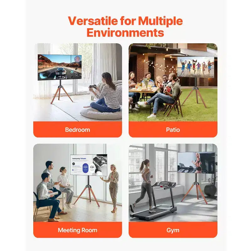 Meuble TV trépied chevalet, pour écrans plats/incurvés de 40 à 65 pouces jusqu'à 45 kg, support TV portable avec rotation gauche-droite de 18°, noir et marron