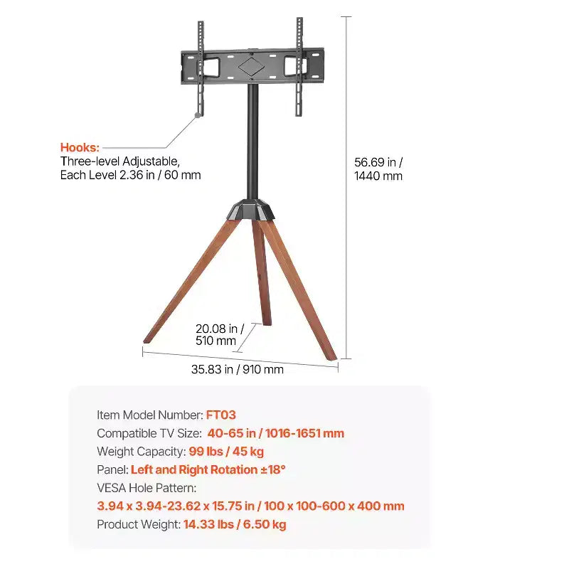Meuble TV trépied chevalet, pour écrans plats/incurvés de 40 à 65 pouces jusqu'à 45 kg, support TV portable avec rotation gauche-droite de 18°, noir et marron