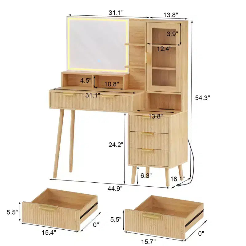 Coiffeuse avec prise de courant, grande coiffeuse moderne cannelée avec miroir éclairé HD de 23,6 pouces, 5 tiroirs et étagère de rangement