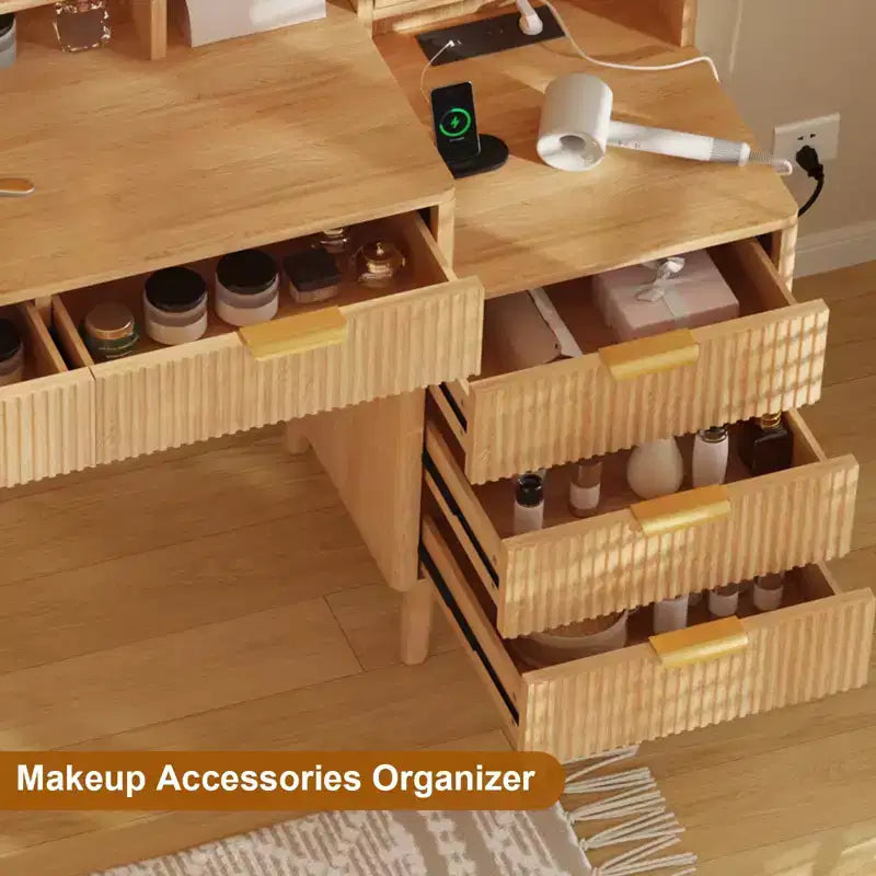 Coiffeuse avec prise de courant, grande coiffeuse moderne cannelée avec miroir éclairé HD de 23,6 pouces, 5 tiroirs et étagère de rangement