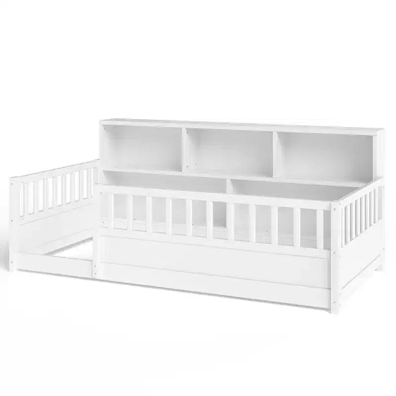 Lit de sol avec rambarde et rangement latéral en pin moderne