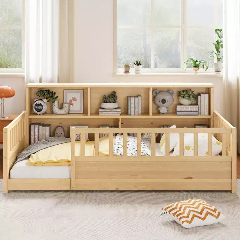Lit de sol avec rambarde et rangement latéral en pin moderne