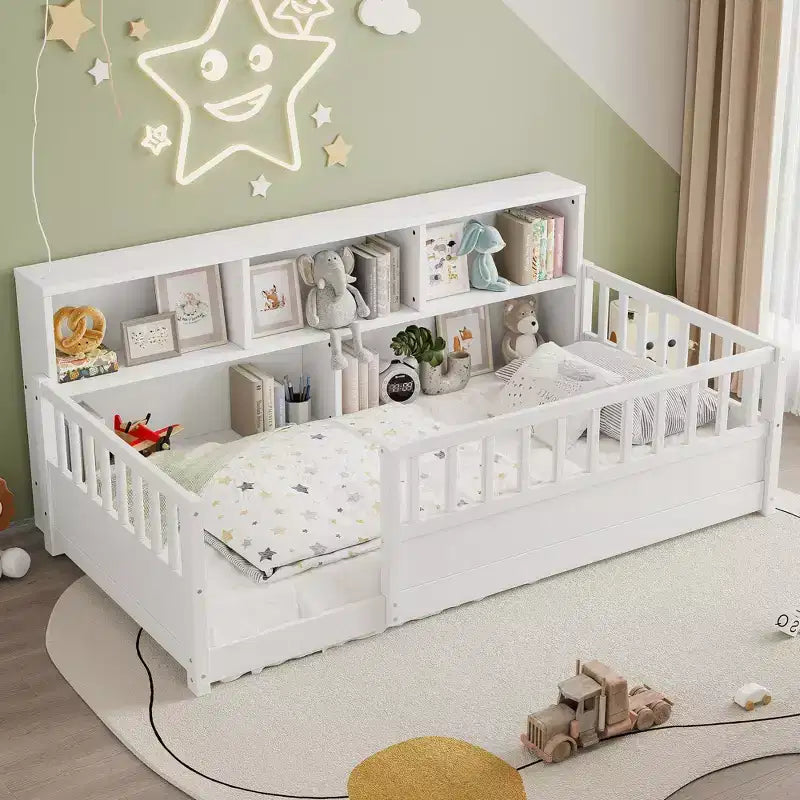 Lit de sol avec rambarde et rangement latéral en pin moderne