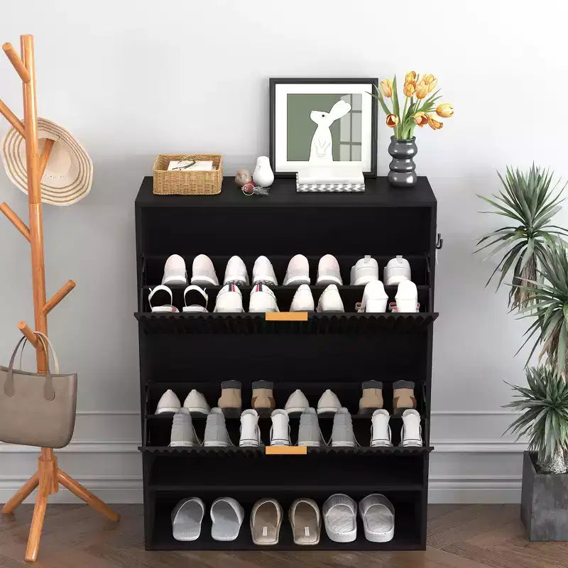 Meuble à Chaussures Cannnelé avec 2 Tiroirs Abattants & Étagère Ouverte Inférieure pour Entrée, Meuble à Chaussures Étroit avec Crochets Latéraux