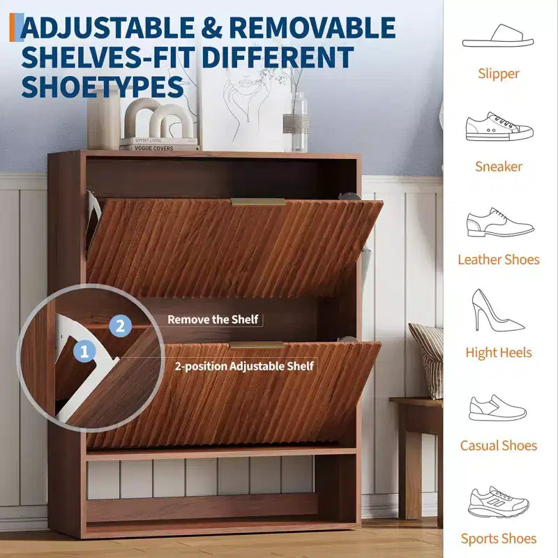 Meuble à Chaussures Cannnelé avec 2 Tiroirs Abattants & Étagère Ouverte Inférieure pour Entrée, Meuble à Chaussures Étroit avec Crochets Latéraux