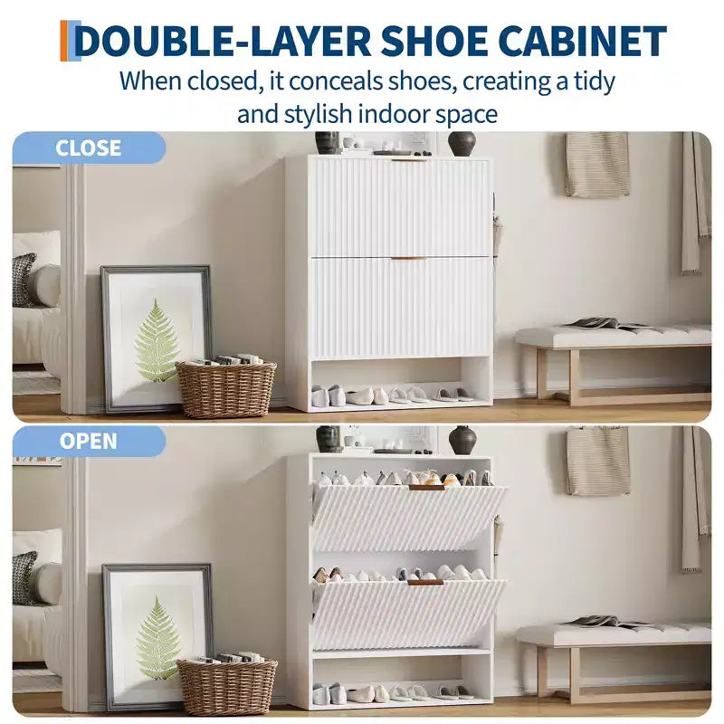 Meuble à Chaussures Cannnelé avec 2 Tiroirs Abattants & Étagère Ouverte Inférieure pour Entrée, Meuble à Chaussures Étroit avec Crochets Latéraux