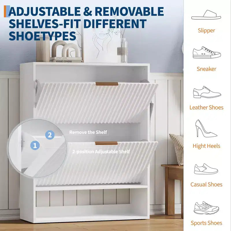 Meuble à Chaussures Cannnelé avec 2 Tiroirs Abattants & Étagère Ouverte Inférieure pour Entrée, Meuble à Chaussures Étroit avec Crochets Latéraux
