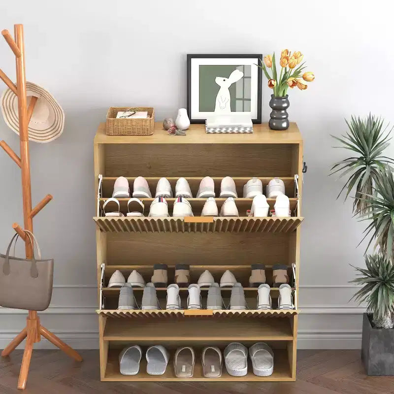 Meuble à Chaussures Cannnelé avec 2 Tiroirs Abattants & Étagère Ouverte Inférieure pour Entrée, Meuble à Chaussures Étroit avec Crochets Latéraux