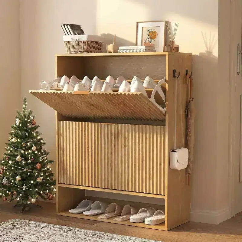Meuble à Chaussures Cannnelé avec 2 Tiroirs Abattants & Étagère Ouverte Inférieure pour Entrée, Meuble à Chaussures Étroit avec Crochets Latéraux