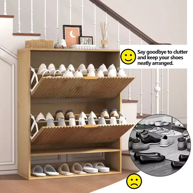 Meuble à Chaussures Cannnelé avec 2 Tiroirs Abattants & Étagère Ouverte Inférieure pour Entrée, Meuble à Chaussures Étroit avec Crochets Latéraux
