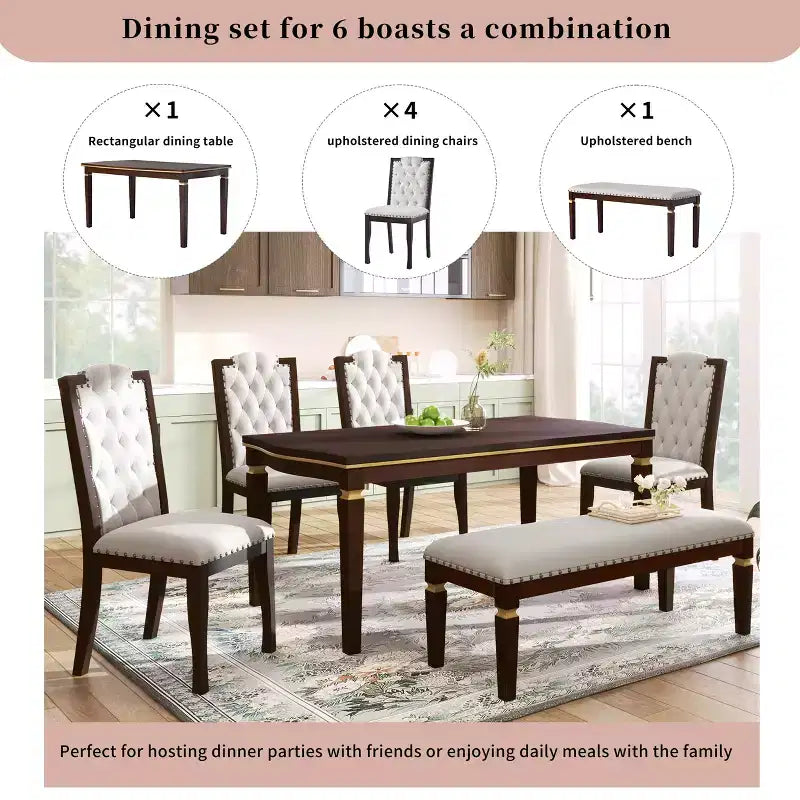 Ensemble de salle à manger 6 pièces avec 4 chaises et un banc, table de 152 cm, pour salle à manger à domicile