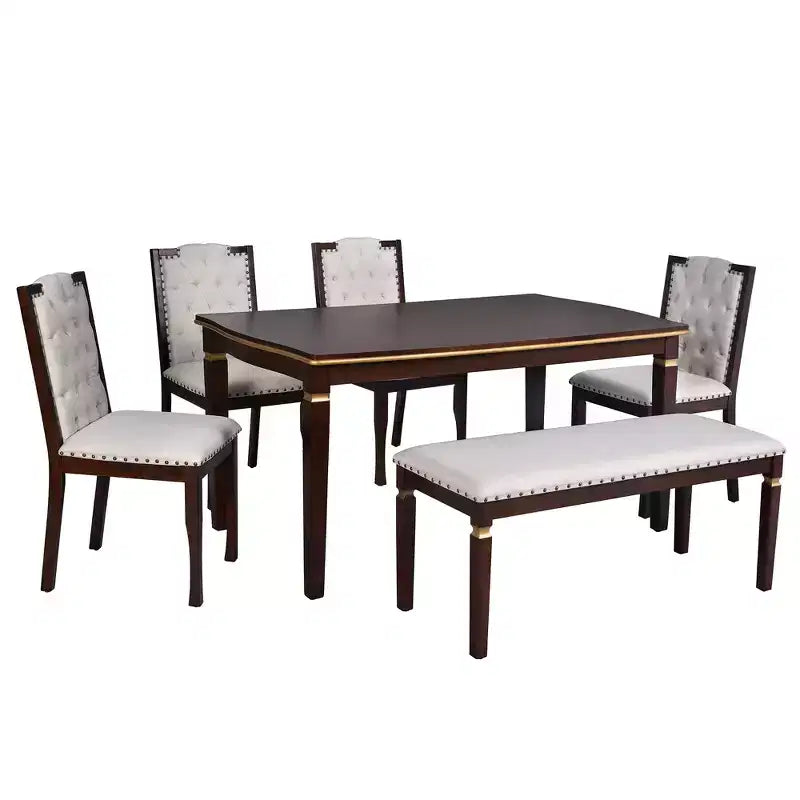Ensemble de salle à manger 6 pièces avec 4 chaises et un banc, table de 152 cm, pour salle à manger à domicile