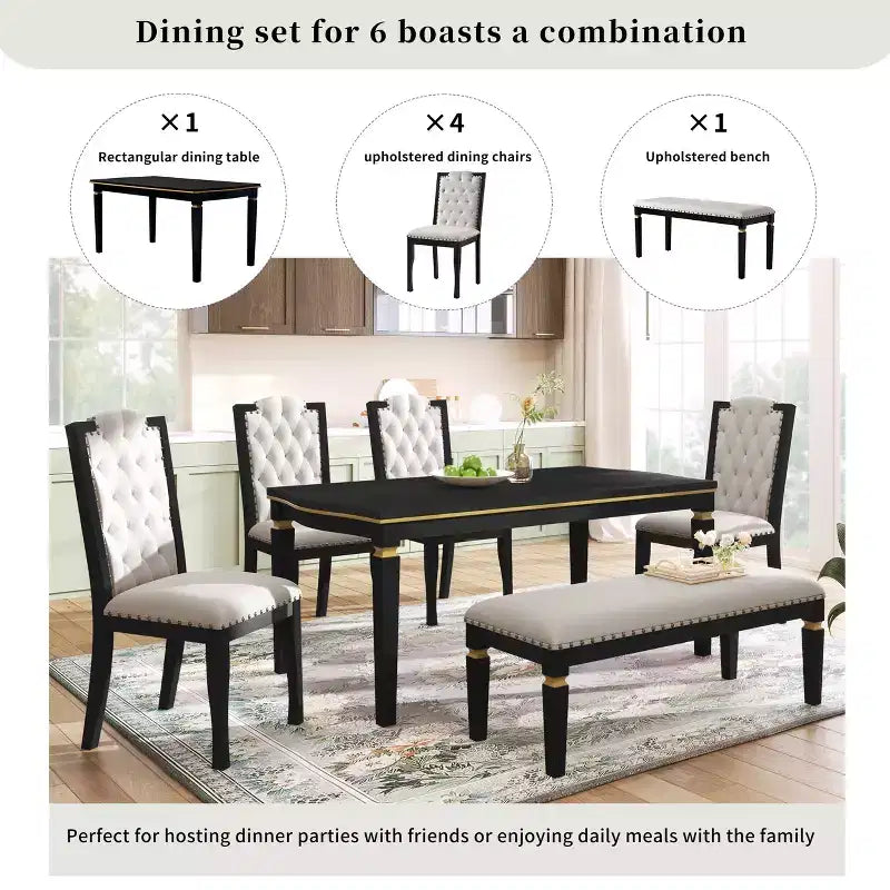 Ensemble de salle à manger 6 pièces avec 4 chaises et un banc, table de 152 cm, pour salle à manger à domicile