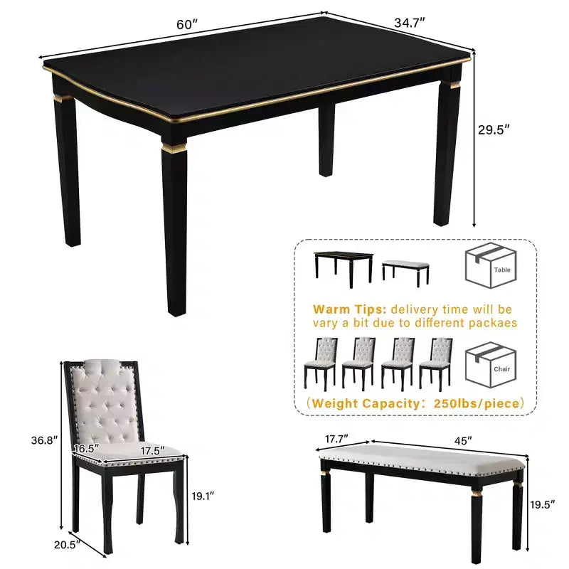 Ensemble de salle à manger 6 pièces avec 4 chaises et un banc, table de 152 cm, pour salle à manger à domicile