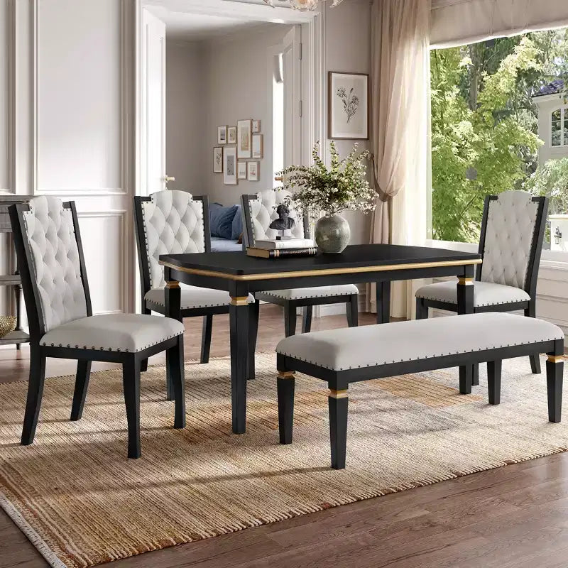 Ensemble de salle à manger 6 pièces avec 4 chaises et un banc, table de 152 cm, pour salle à manger à domicile