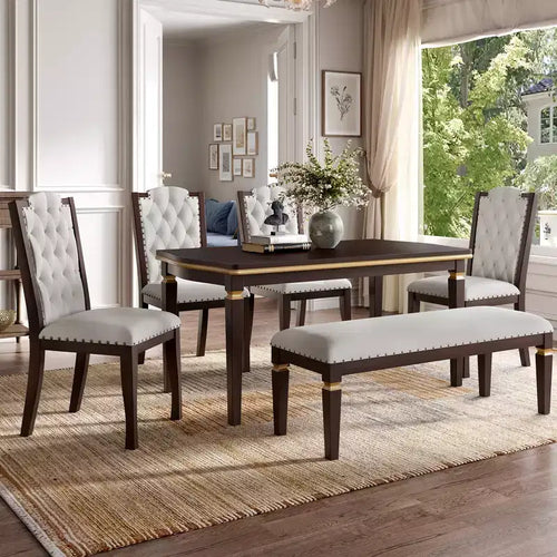 6-Piece Dining Table Set with 4 Chairs and Bench, 60-Inch Table, for Home Dining Room
