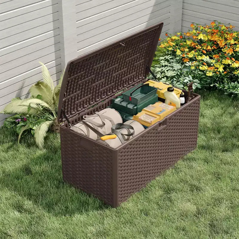 Coffre de rangement en résine étanche grand modèle de 454 litres pour l'intérieur et l'extérieur, conteneur de rangement verrouillable pour les outils de jardin et le mobilier de patio