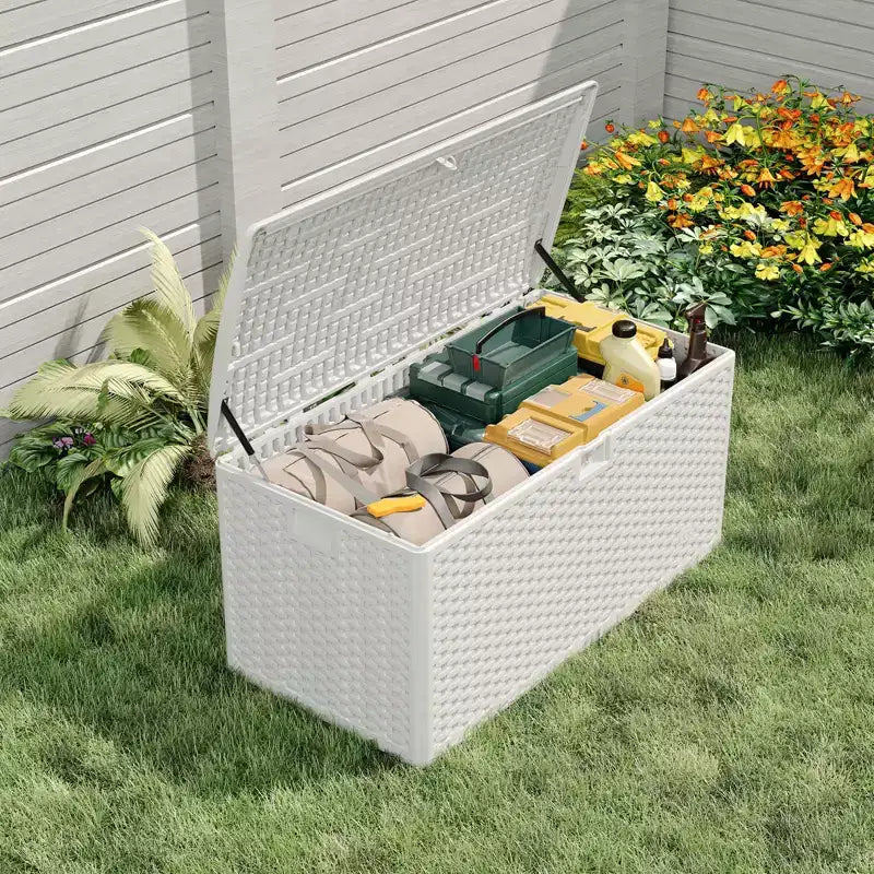 Coffre de rangement en résine étanche grand modèle de 454 litres pour l'intérieur et l'extérieur, conteneur de rangement verrouillable pour les outils de jardin et le mobilier de patio