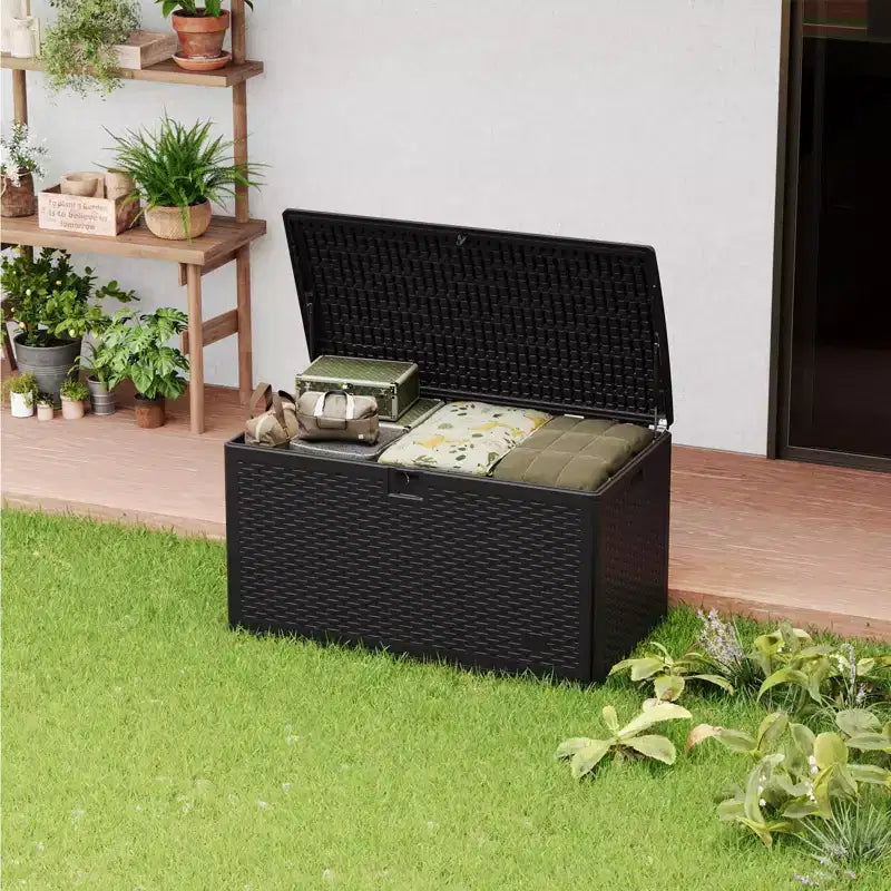 Coffre de rangement en résine étanche grand modèle de 454 litres pour l'intérieur et l'extérieur, conteneur de rangement verrouillable pour les outils de jardin et le mobilier de patio