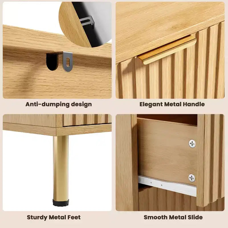Commode, 8 tiroirs, 55 po de large, moderne en bois avec poignées en métal, naturelle