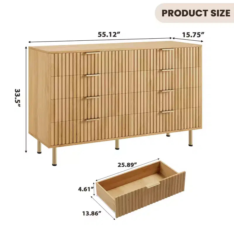Commode, 8 tiroirs, 55 po de large, moderne en bois avec poignées en métal, naturelle