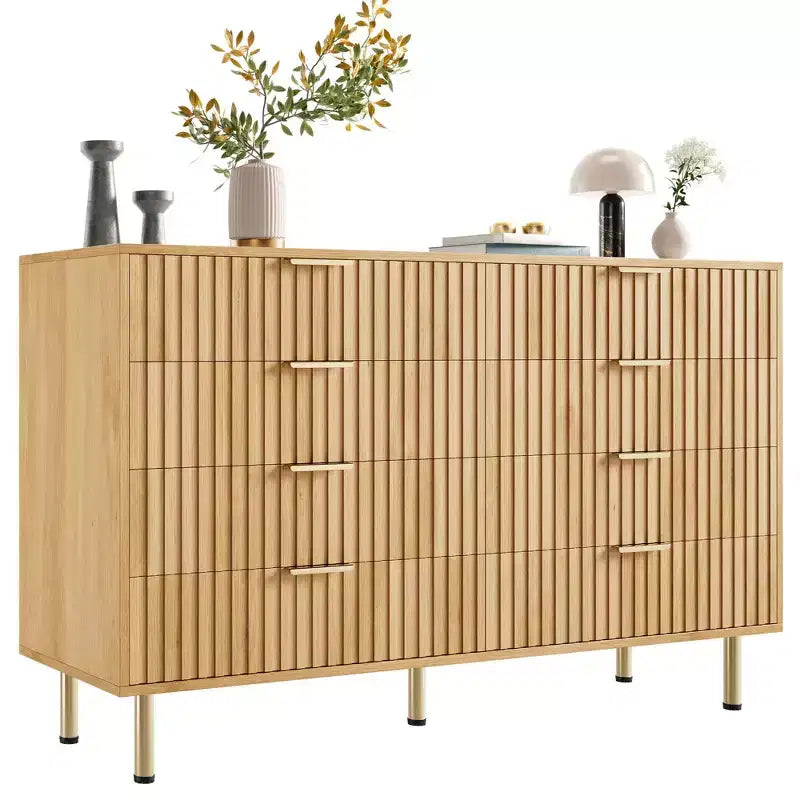 Commode, 8 tiroirs, 55 po de large, moderne en bois avec poignées en métal, naturelle